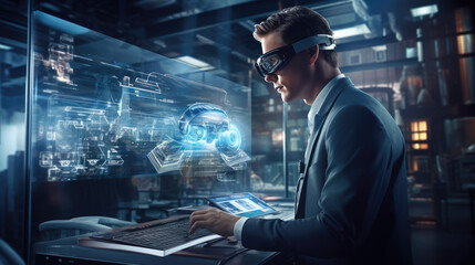 A professional using a futuristic device or wearable technology, augmented reality glasses, while working in a tech-forward office environment. Generative AI