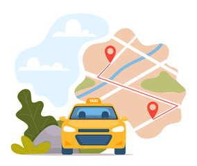 Poster - Taxi car, city map gps location. Car rent mobile service, internet banner. Modern online vehicle rental technology, yellow taxi illustration concept. City street navigation.