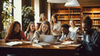 © Dirk - AI generated, realistic photo, very sharp, Multiracial university students sitting together at table with books and laptop - Happy young people doing group study in high school library - Life style co