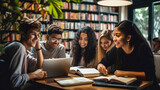 Fototapeta Dziecięca - AI generated, realistic photo, very sharp, Multiracial university students sitting together at table with books and laptop - Happy young people doing group study in high school library - Life style co