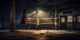 AI Generated. AI Generative. Dark vintage retro old gym boxing bag fitness sport martial arts room interior background. Sport life motivation inspiration. 