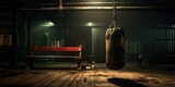 AI Generated. AI Generative. Dark vintage retro old gym boxing bag fitness sport martial arts room interior background. Sport life motivation inspiration. 