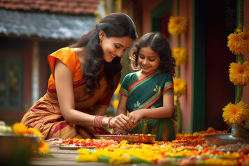 Wall Mural - Traditionally dressed Indian ethnic mother and daughter making colourful arrangement with flowers in-front of their house. Concept for Onam festival in Kerala