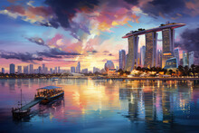 Oil Painting On Canvas, Singapore Cityscape At Dusk. Landscape Of Singapore Business Building Around Marina Bay. Modern High Building In Business District Area At Twilight. (ai Generated)