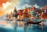 oil painting on canvas, Ancient Varanasi city architecture at sunset with view of sadhu baba enjoying a boat ride on river Ganges. India.(ai generated)