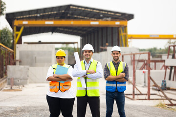 Wall Mural - Hispanic man leader. Group of Ethnic diversity worker people, Success Group of professional engineering people wearing hardhat safety helmet meeting. Unity and teamwork concept. Afrian fat female