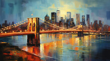 Oil Painting On Canvas, New York City - Beautiful Sunset Over Manhattan With Manhattan And Brooklyn Bridge, USA. (ai Generated)
