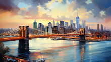 Oil Painting On Canvas, New York City - Beautiful Sunset Over Manhattan With Manhattan And Brooklyn Bridge, USA. (ai Generated)