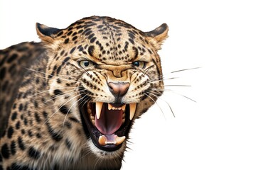 Poster - Aggressive roaring leopard isolated on white background