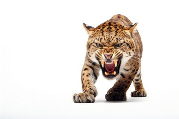 Poster - Aggressive roaring leopard isolated on white background