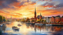 Oil Painting On Canvas, Scenic Summer Evening View Of The Old Town Pier Architecture In Lubeck, Germany. (ai Generated)