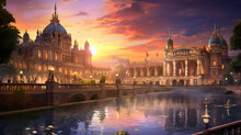 Oil Painting On Canvas, Zwinger Palace, Art Gallery And Museum In Dresden At Sunset, Germany. (ai Generated)