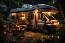 Motorhome In A Vegetable Garden With Coconut Trees, Grills And Fairy Lights.
