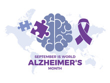 September Is World Alzheimer's Month Vector Illustration. Purple Awareness Ribbon, Human Brain And Puzzle Piece Icon Vector. Person With Alzheimer's Disease Drawing. Mental Health Symbol