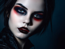 Attractive Young Woman With Gothic Vampire Makeup On Halloween Party Over Black Background, AI Generation