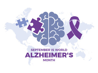 september is world alzheimer's month vector illustration. purple awareness ribbon, human brain and p