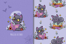 Cute Halloween Cat With Magic Book Card And Seamless Pattern. Creepy Illustration For Spooky Season