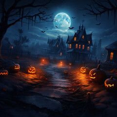 Wall Mural - Halloween night scene background with castle with halloween pumpkin within flames in the graveyard and bats in the night, AI Generation