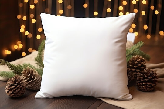 White pillow mockup, Christmas setting