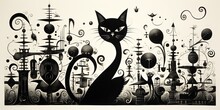 AI Generated. AI Generative. VIntage Retro Old Cat Graphic Drawing Abstract Geometric Painting Style. Black And White Engraving Art
