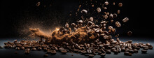 Roasted Coffee Beans Fall On A Pile Of Beans.