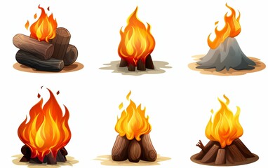 Sticker - Digital illustration of a set of campfire icons on a white background