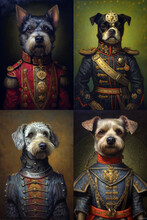 Frame Simulation Of A Classic Oil Painting Of A Dog In Military Clothing Old Style