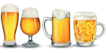Watercolor Hand Drawn Realistic Glasses Of Beer