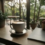 Fototapeta  - Hot cup of morning coffee inside a room, Cozy relaxing environment to enjoy an coffee. Ai generated