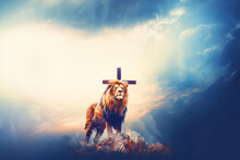 Double Exposure Lion On The Top Of The Mountain And Cross