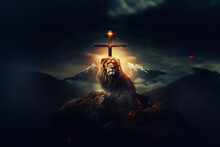 Double Exposure Lion On The Top Of The Mountain And Cross