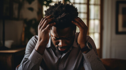 Man sits on the couch at home and suffers from a headache.