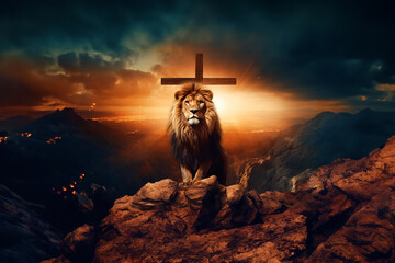 Double exposure lion on the top of the mountain and cross