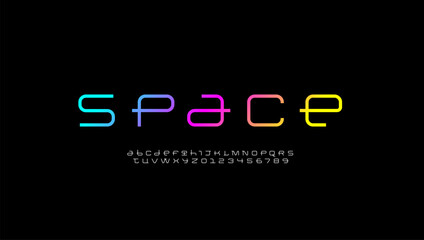 Technical wide thin future font, digital bright cyber alphabet, trendy original letters from A to Z and numbers from 0 to 9 for interface design, vector illustration 10EPS