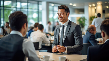 Serious and confident businessman stands in a suit against the backdrop of a modern office.