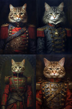 Simulation Of A Classic Oil Painting Of A Cat In Military Clothing Renaissance Style Frames