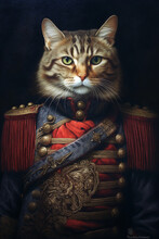 Simulation Of A Classic Oil Painting Of A Cat In Military Clothing In Old Classical Style