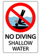 © luca piccini basile - No diving, shallow water. Ban sign with pictogram of person banging his head on the seabed. Text below