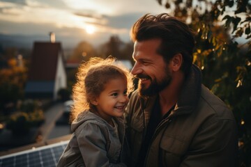 A father who holds his little daughter in his arms and shows at their home where solar panels are installed. alternative energy saving resources and the concept of sustainable living