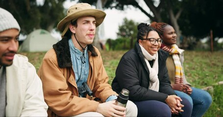 Sticker - Morning, coffee and talking friends while camping, watching view and relax in nature together. Happy, calm and diversity with group of men and women with conversation while in a park for holiday