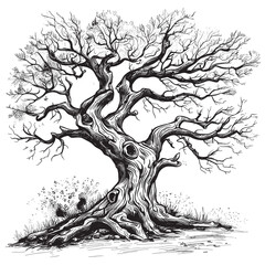 Wall Mural - Sketch Hand Drawn Engraving Pen and Ink Old Oak Tree Vintage Vector Illustration