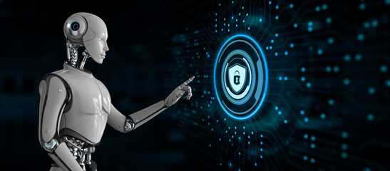 Wall Mural - Cyber security Data Protection Antivirus technology concept. Robot pressing button on screen 3d render.