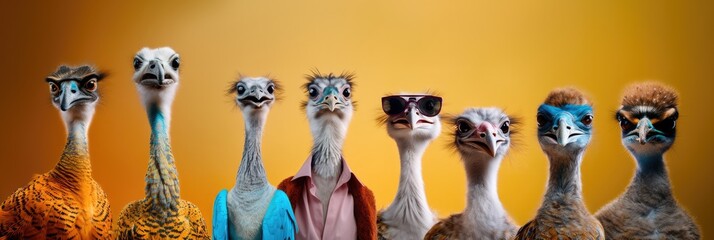 Wall Mural - Group of ostrich bird in vibrant bright fashionable on yellow background, Creative animal concept.