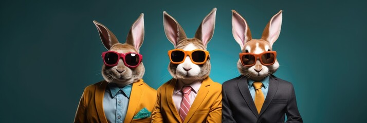 Wall Mural - Group of rabbit bunny in vibrant bright fashionable on green background, Creative animal concept.