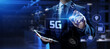 © Murrstock - 5G High-speed internet connection concept. Businessman pressing button on screen.