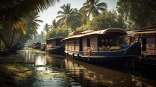 Houseboats On The Backwaters Of Kerala In Alappuzha. Generative Ai