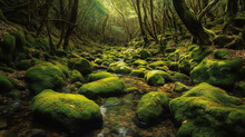 Mountain River Flowing Through The Green Forest. Rapid Flow Over Rock Covered With Moss. Generative Ai