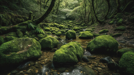 Wall Mural - Moss covered stones in a small stream. Surrounded by old trees. Yakushima Island, Japan. Generative Ai