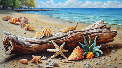 Wall Mural - Shells and starfish on sandy beach, Tree Stump by a lake. Generative Ai