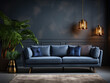 In a luxury living room interior background, a modern living room mockup showcases a dark blue sofa, . Generative AI..